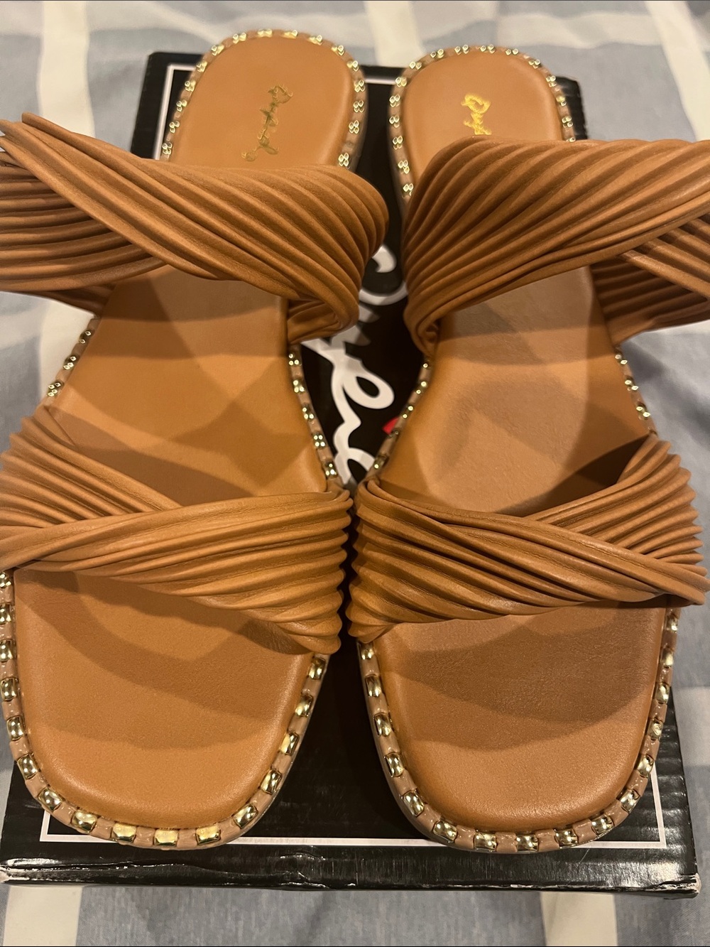 Brand New Women’s Tan Strappy Slide Sandals with Stud Trim Qupid From Buckle